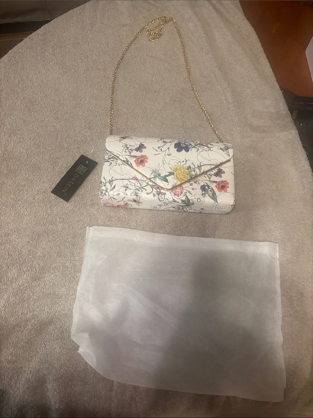 Floral Envelope Clutch with Gold Chain Strap - White